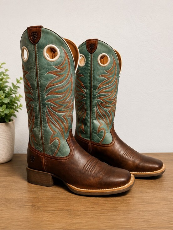 Ariat Shoes - Ariat Round Up Rider Western Cowboy Boots Brown & Teal Leather Embroidered Women